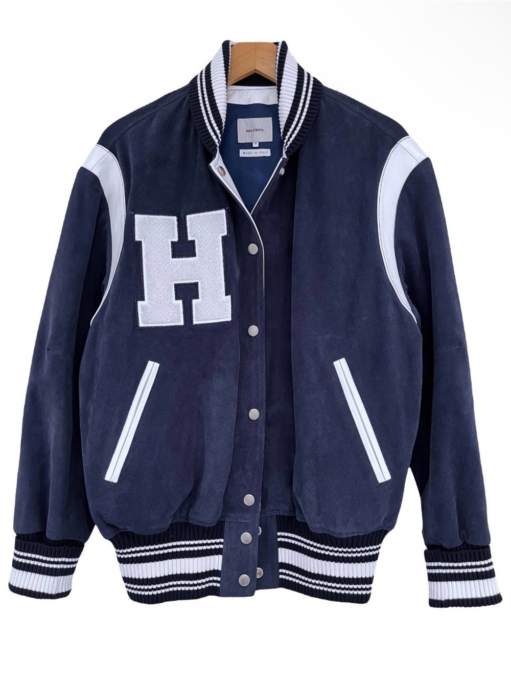 Halfboy Navy & White Varsity Bomber Leather Jacket